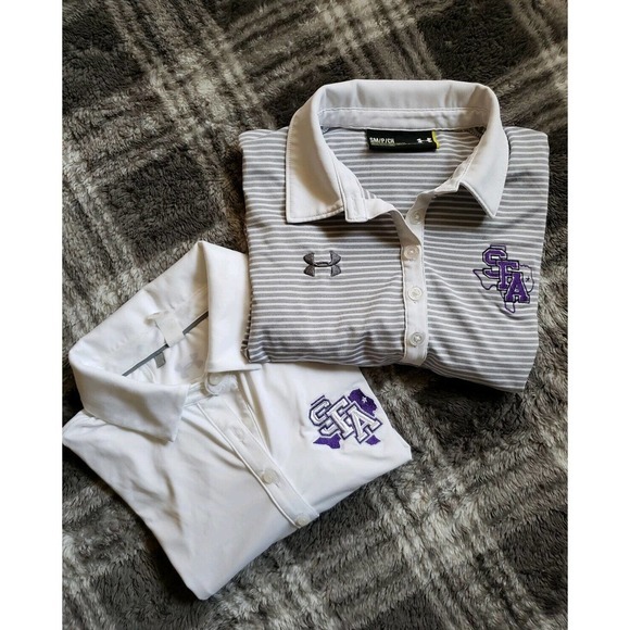 Lot‎ of 2 UNDER ARMOUR Golf Polo SHIRT Women's Size SMALL SFA White/ Gray Stripe - Picture 1 of 13